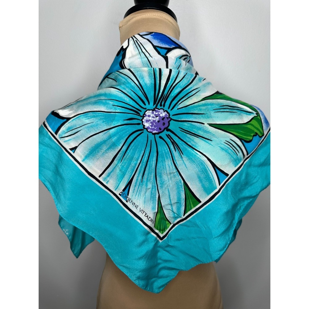Adrienne‎ Vittadini Square Silk Scarf Aqua Blue Floral Feminine - Picture 3 of 7